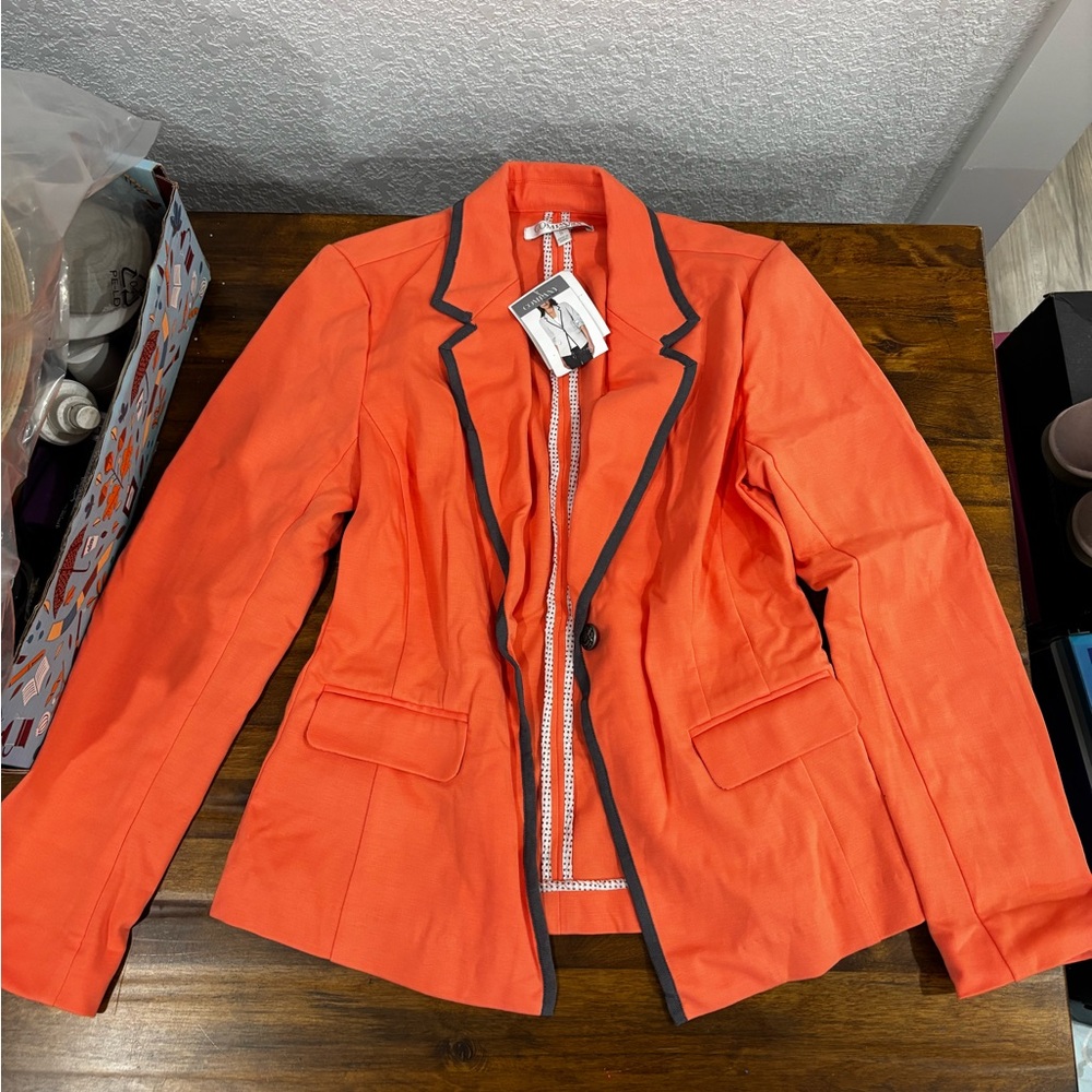 Ellen Tracy Coral-Orange Blazer with Dark Contrast Piping
